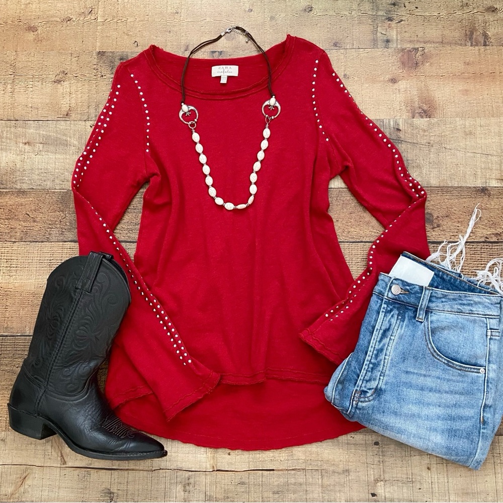 Western Red Long Sleeve Silver Studs
